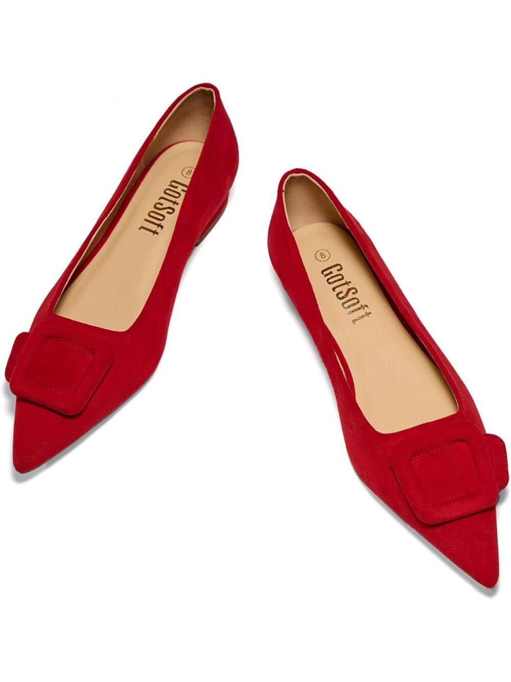 Women's Red Rubber Pointed Toe Square Buckle Flats Slip On Comfortable Shoes